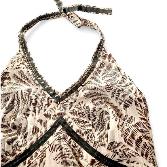Y2K Babydoll Halter Top Boho Peasant Embroidered Ribbon Trim Leaf Print Brown 16 - Picture 2 of 8